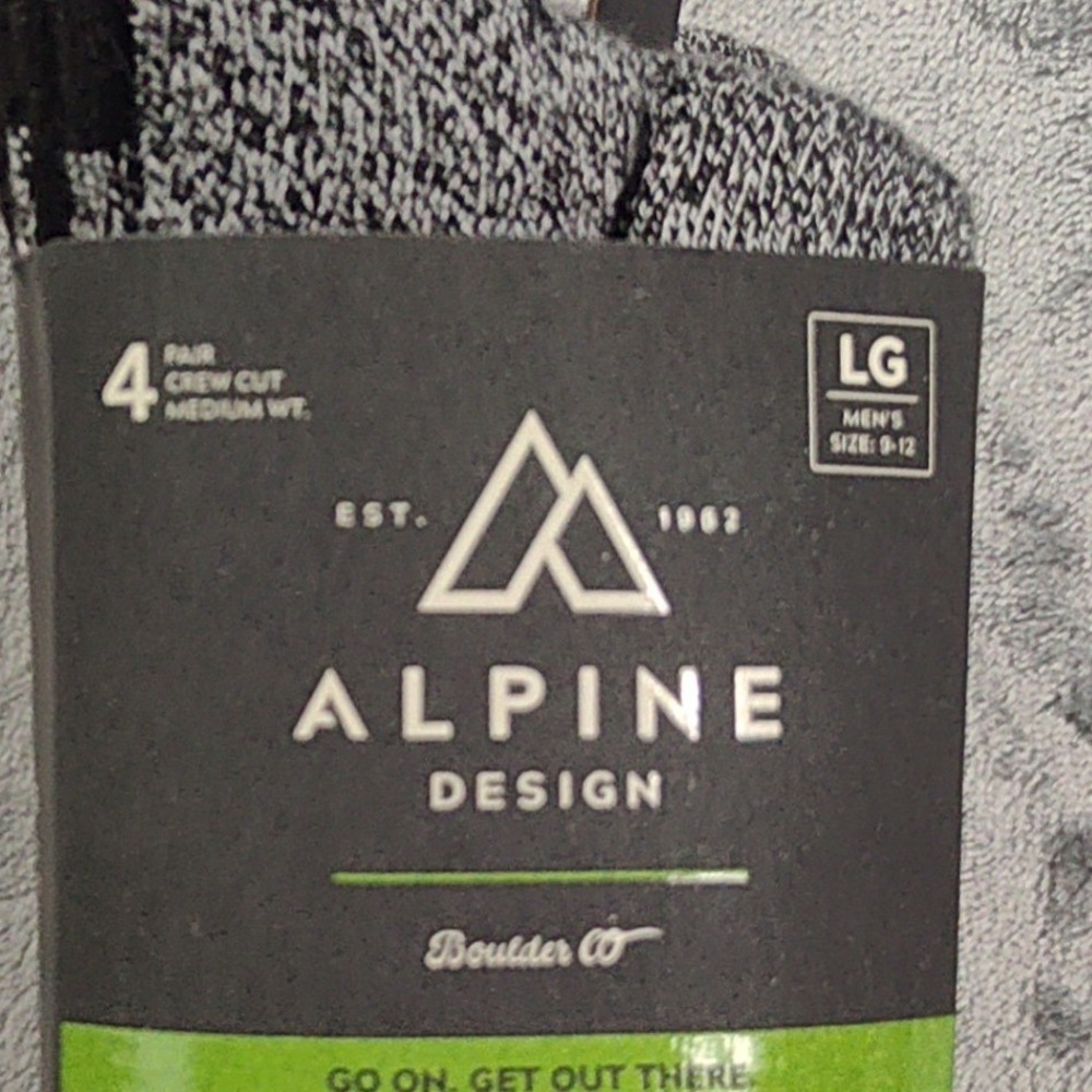 Alpine Design Mens 4 Pair Crew Performance Hiking Socks Black Grey Size LG 9-12